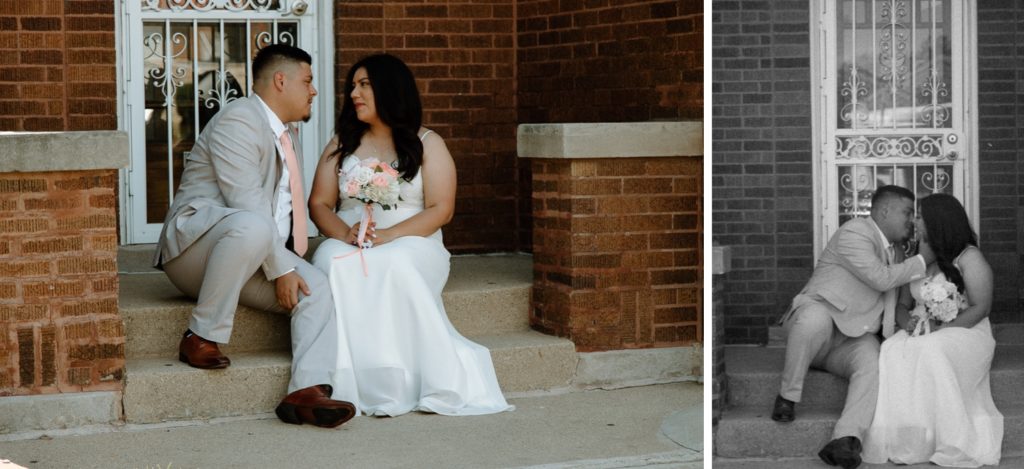 Newly weds share intimate moment on front steps to slow down on their wedding day
